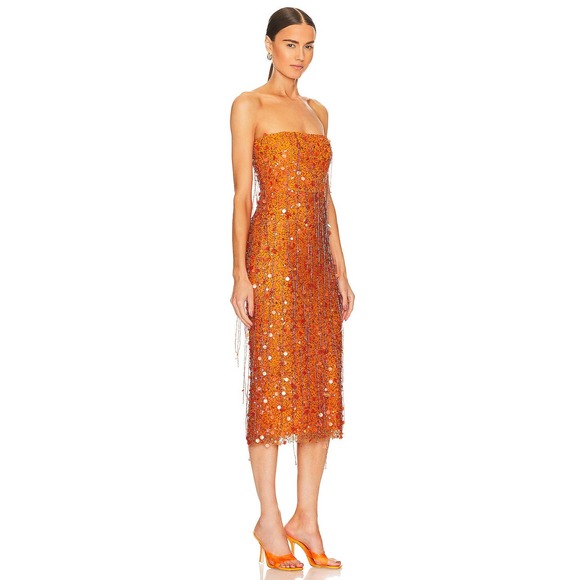 H:ours Sequin Embellishments Jimena Midi Dress Orange Women's Size Small NWT - Picture 2 of 13